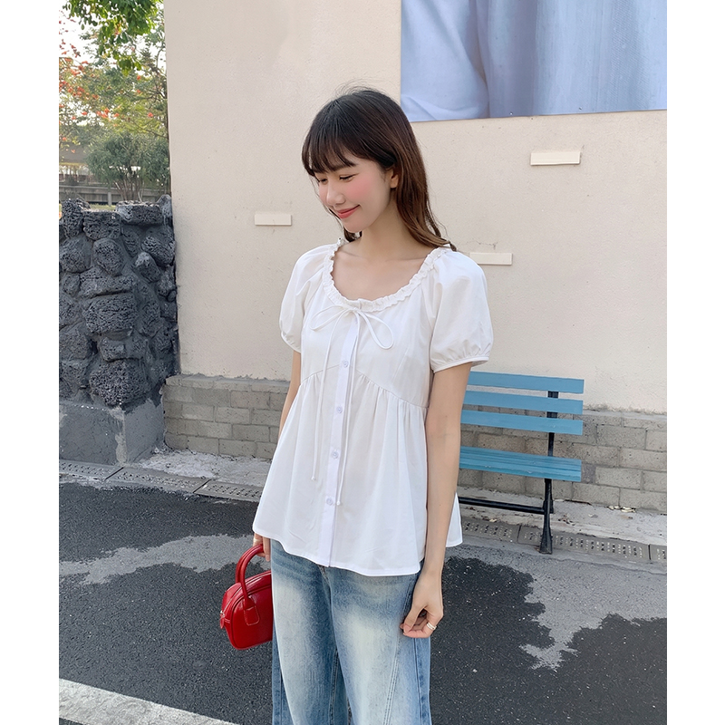 實拍實價#白色蝴蝶結花邊u領泡泡袖短袖t恤襯衫女春夏設計感寬松