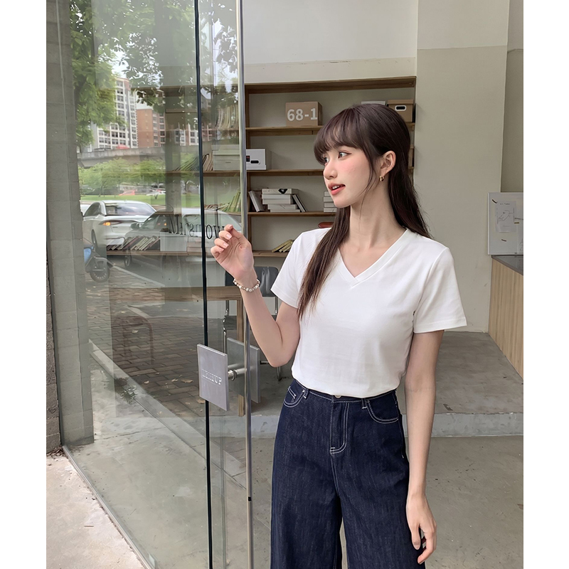 實拍實價#夏季新款純色V領短袖修身顯瘦氣質慵懶百搭設計T恤上衣