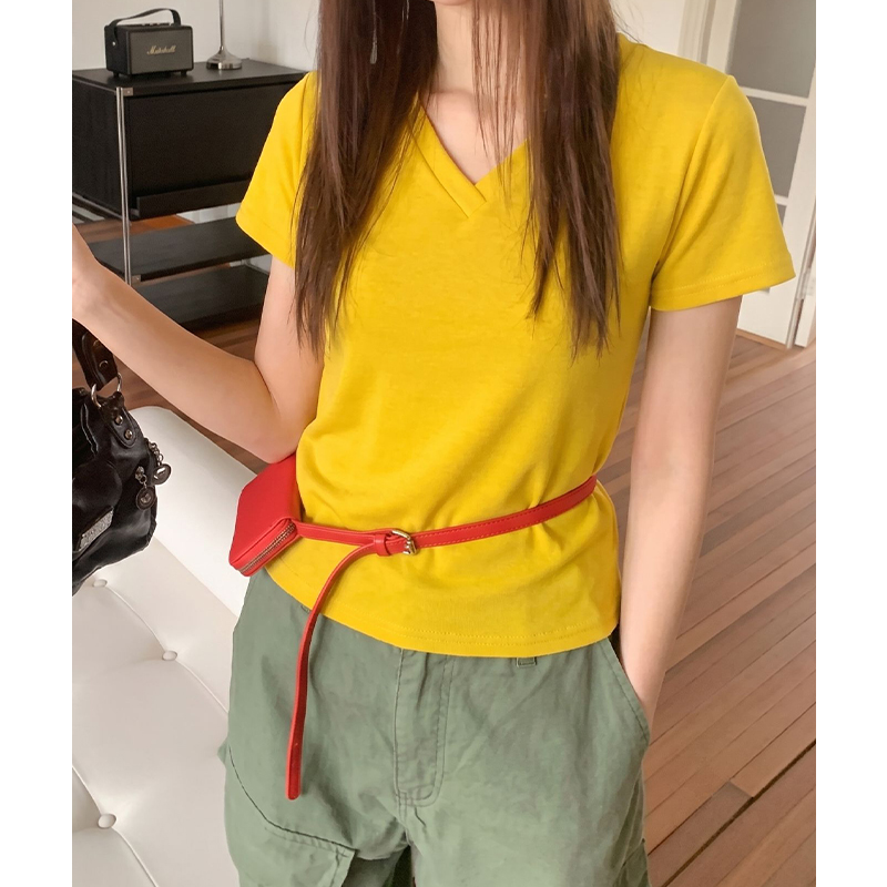 實拍實價#夏季新款純色V領短袖修身顯瘦氣質慵懶百搭設計T恤上衣