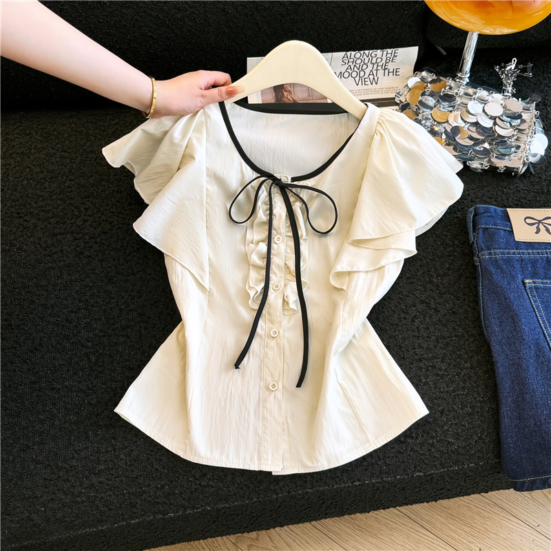 RY3339# 韩系温柔风蝴蝶结荷叶边短袖衬衫女2026夏季新款甜美飞飞袖...