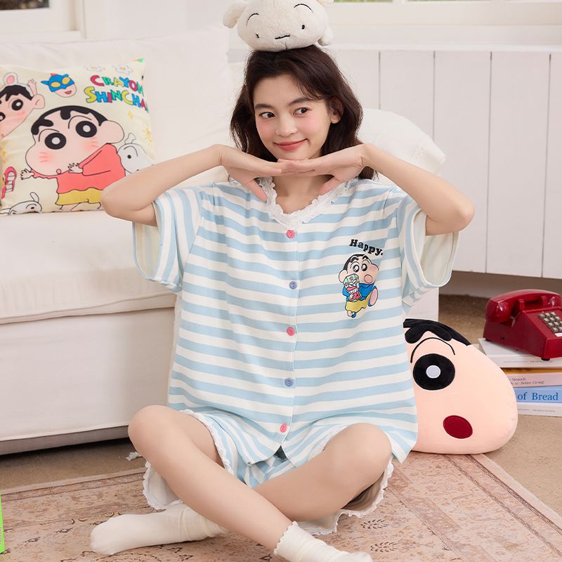 RY338# 果子狸 夏季短袖短裤开衫圆领睡衣女简约舒适拉架仿棉家居服