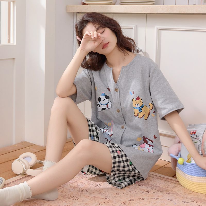 RY337# 果子狸 夏季短袖短裤开衫圆领睡衣女简约舒适拉架仿棉家居服