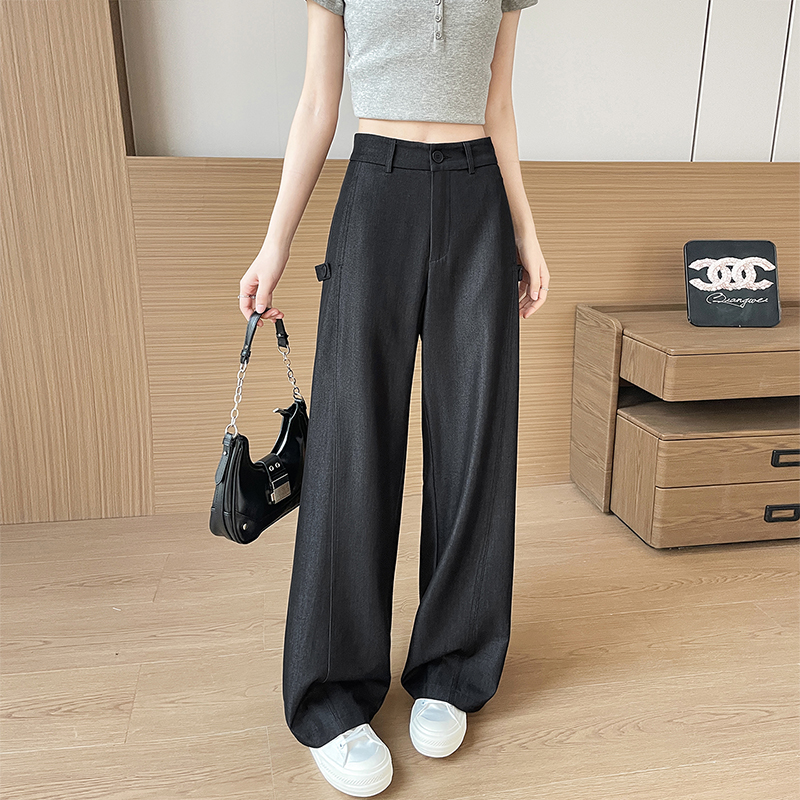 深藍色冰絲闊腿牛仔褲女夏季薄款胖妹妹mm高腰寬松顯瘦天絲直筒褲