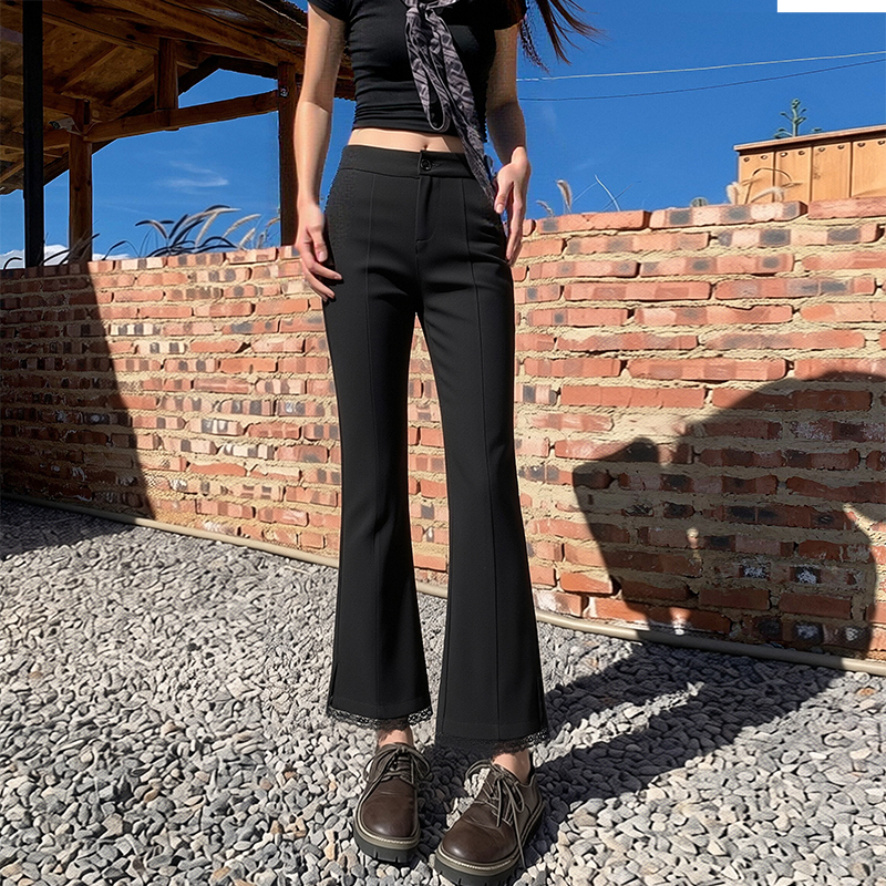 拼接蕾絲小黑褲九分微喇褲女2026春夏新款松緊腰修身顯瘦休閑褲