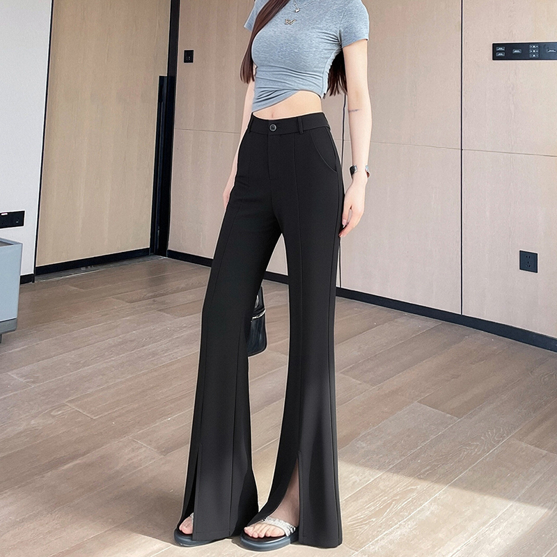 開叉冰絲喇叭褲女夏季薄款2026新款小個子垂感黑色高級感西裝微喇