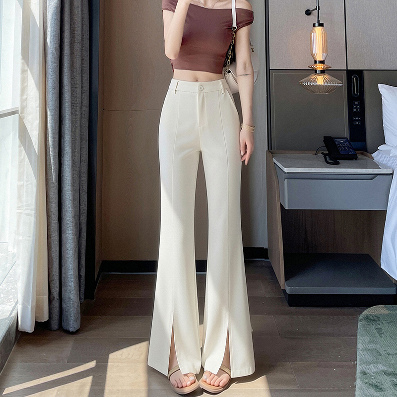 開叉冰絲喇叭褲女夏季薄款2026新款小個子垂感黑色高級感西裝微喇