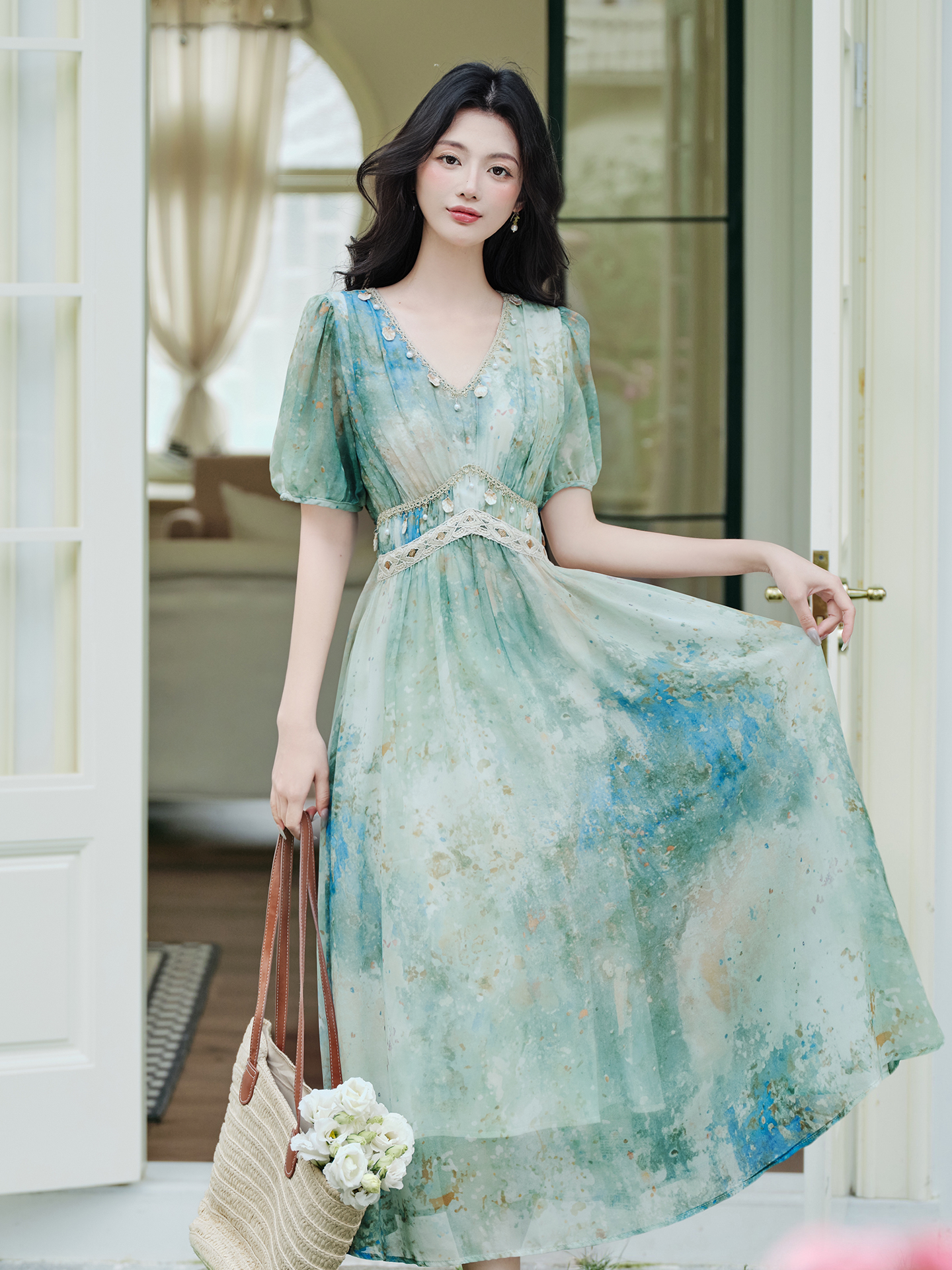 MY13240# 绿色艺术晕染夏季波西米亚度假连衣裙女裝貨源服裝批發