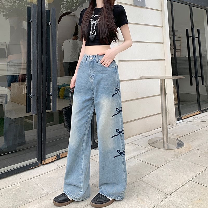 FA33114# 蝴蝶结刺绣阔腿牛仔裤女新款设计感宽松直筒裤子 服裝批發女裝批發服飾貨源