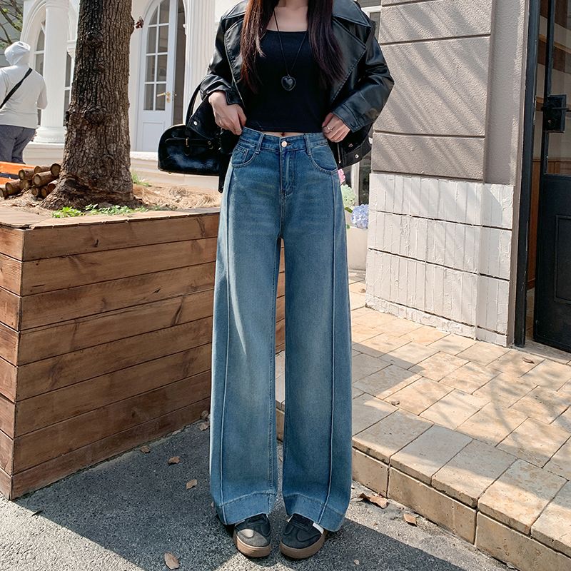 實拍 2026秋季新款美式復古闊腿牛仔褲女設計感寬松百搭直筒長褲