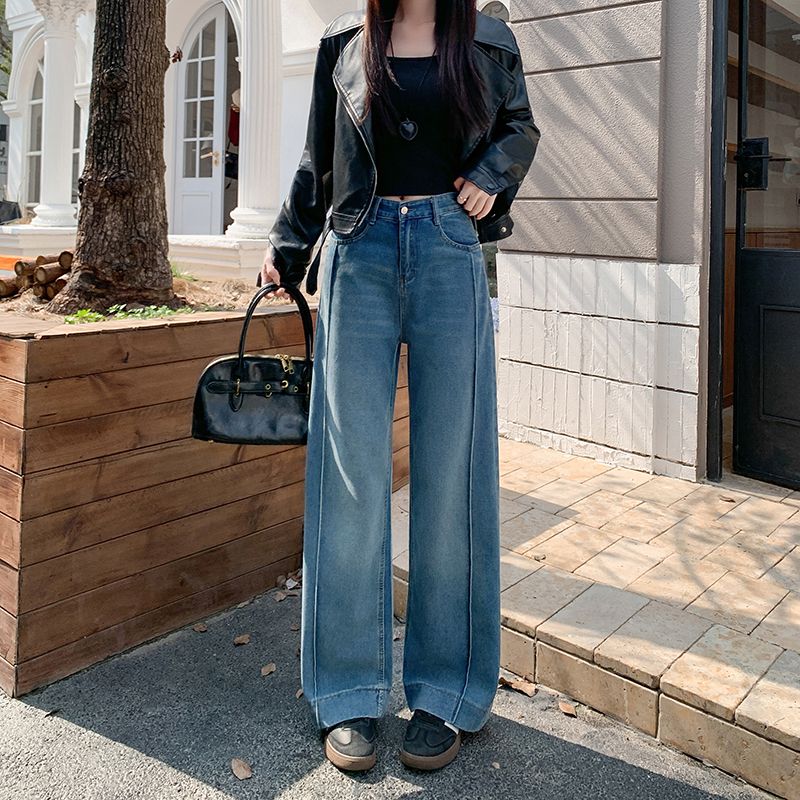 實拍 2026秋季新款美式復古闊腿牛仔褲女設計感寬松百搭直筒長褲
