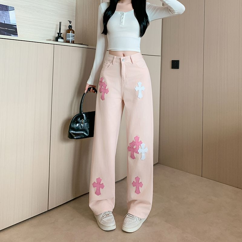 MY14192# 重工粉色高腰直筒牛仔裤新款宽松阔腿长裤潮女裝貨源服裝批發