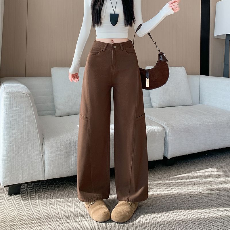 實拍 2026春季新款美式咖色工裝闊腿牛仔褲女寬松顯瘦百搭直筒褲