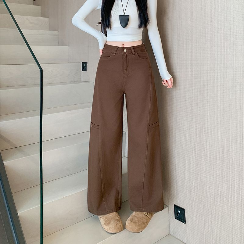 實拍 2026春季新款美式咖色工裝闊腿牛仔褲女寬松顯瘦百搭直筒褲