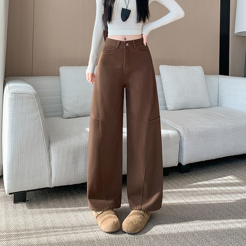 實拍 2026春季新款美式咖色工裝闊腿牛仔褲女寬松顯瘦百搭直筒褲