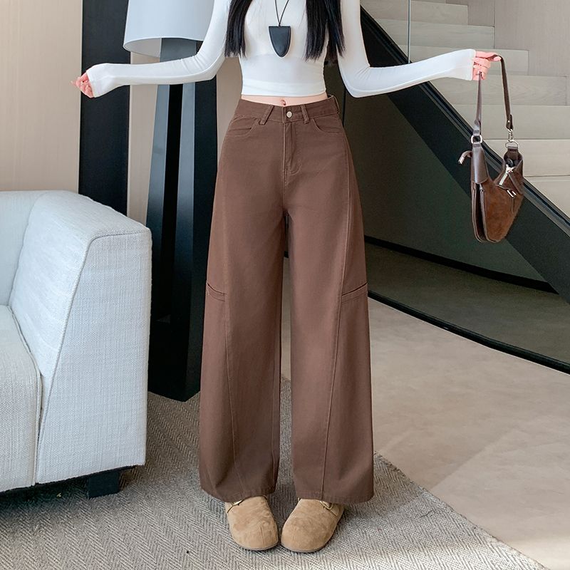 實拍 2026春季新款美式咖色工裝闊腿牛仔褲女寬松顯瘦百搭直筒褲