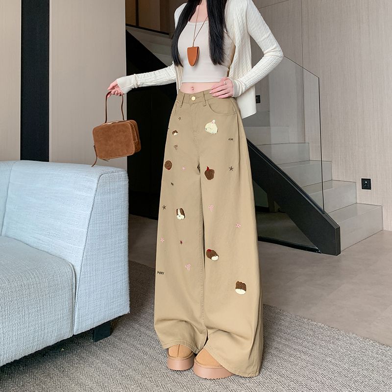 實拍 春季新款美拉德卡其色彎刀牛仔褲女高腰顯瘦寬松闊腿褲子