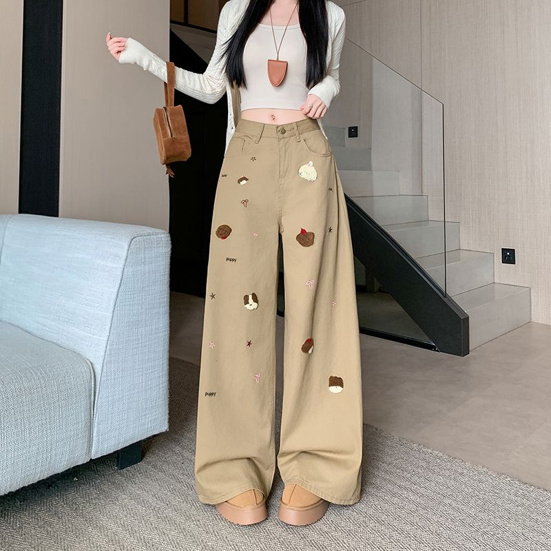 實拍 春季新款美拉德卡其色彎刀牛仔褲女高腰顯瘦寬松闊腿褲子