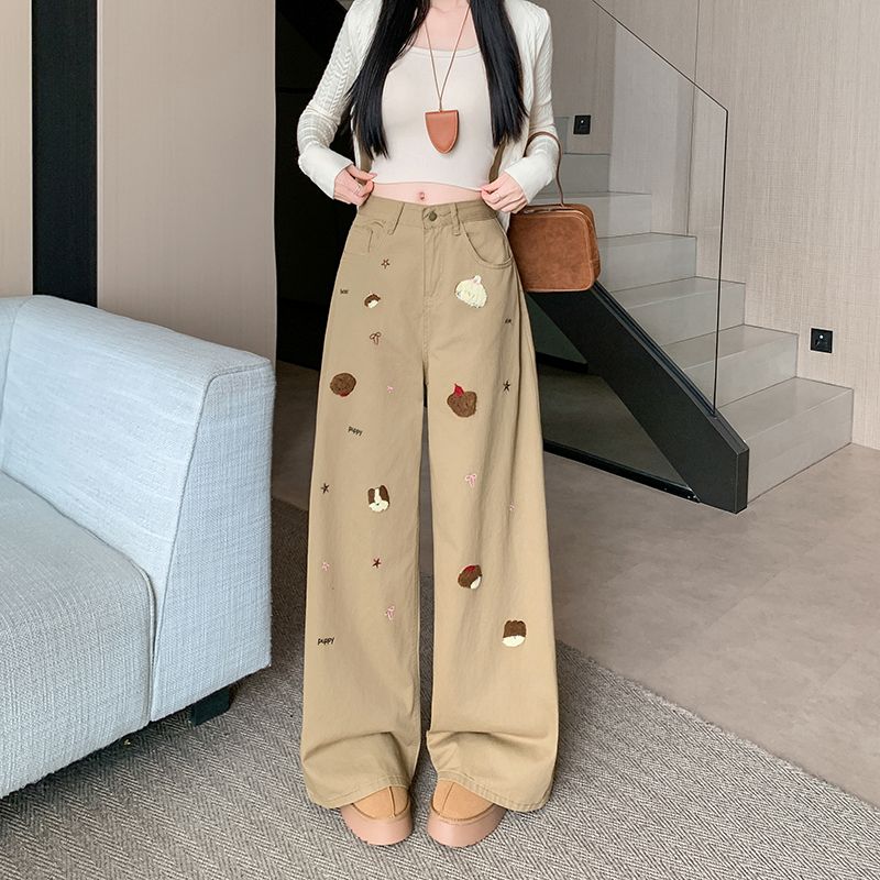 實拍 春季新款美拉德卡其色彎刀牛仔褲女高腰顯瘦寬松闊腿褲子