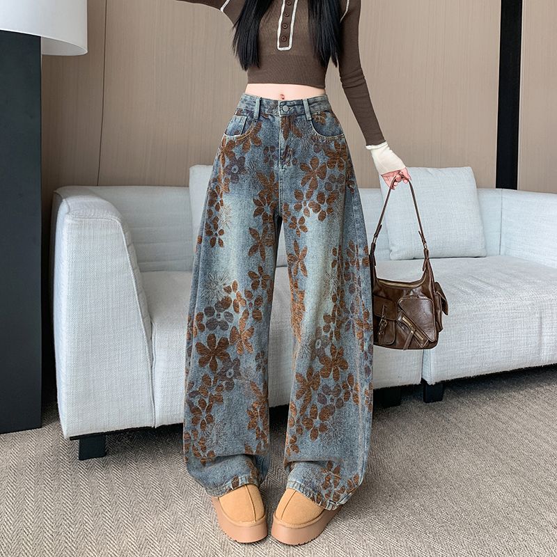實拍 2026春季新款美式做舊印花彎刀牛仔褲女高腰寬松闊腿鐮刀褲