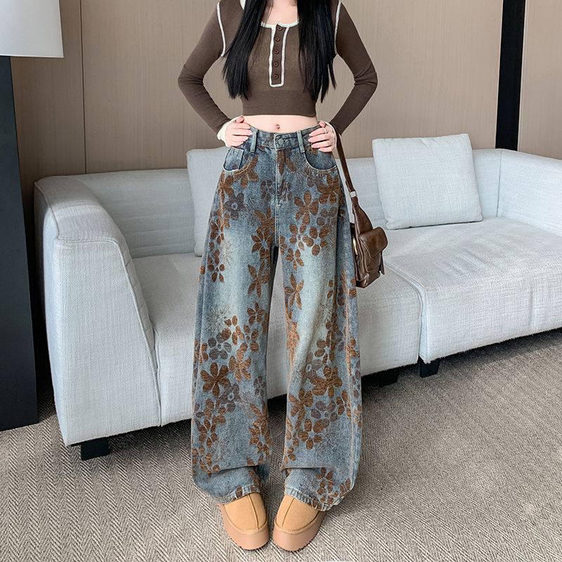實拍 2026春季新款美式做舊印花彎刀牛仔褲女高腰寬松闊腿鐮刀褲