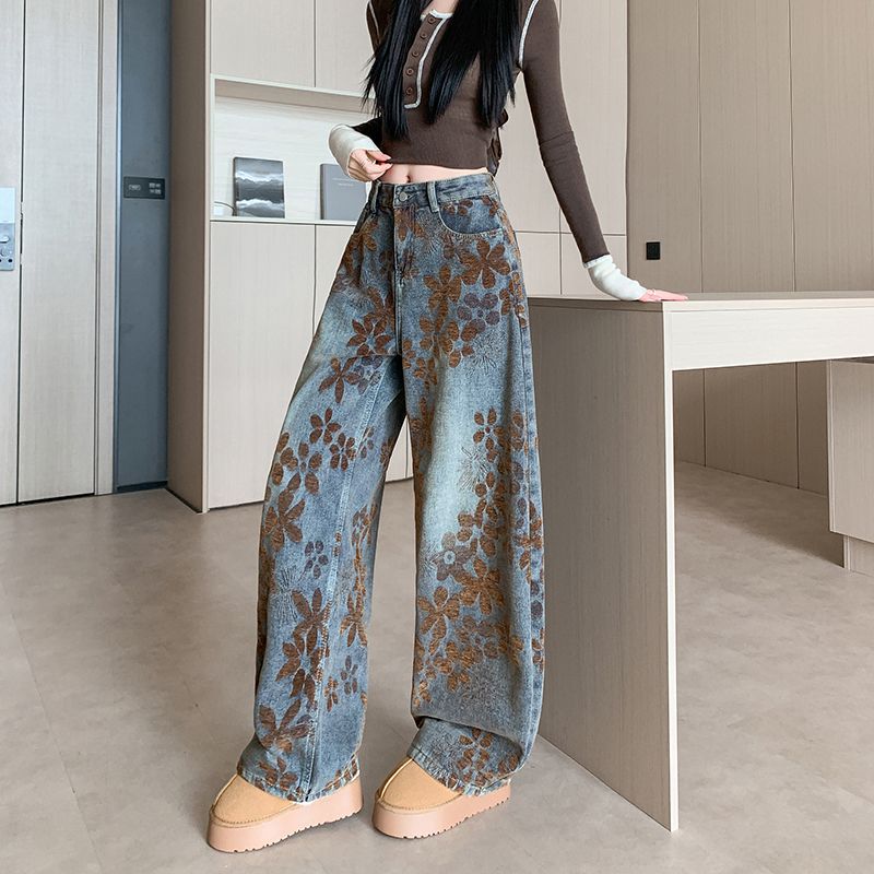 實拍 2026春季新款美式做舊印花彎刀牛仔褲女高腰寬松闊腿鐮刀褲