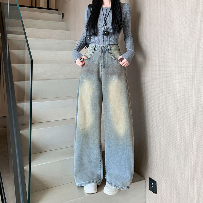 實拍 2026春季新款貓爪紋闊腿牛仔褲女復古做舊高腰寬松牛仔褲子