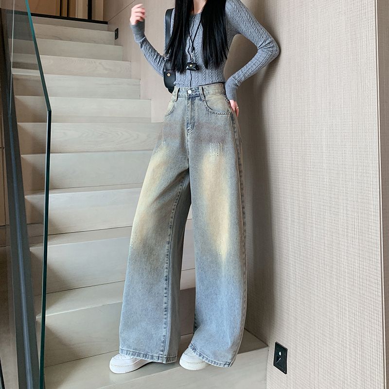 實拍 2026春季新款貓爪紋闊腿牛仔褲女復古做舊高腰寬松牛仔褲子