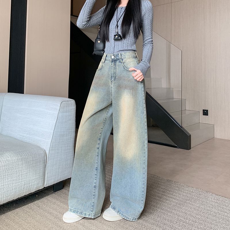 實拍 2026春季新款貓爪紋闊腿牛仔褲女復古做舊高腰寬松牛仔褲子