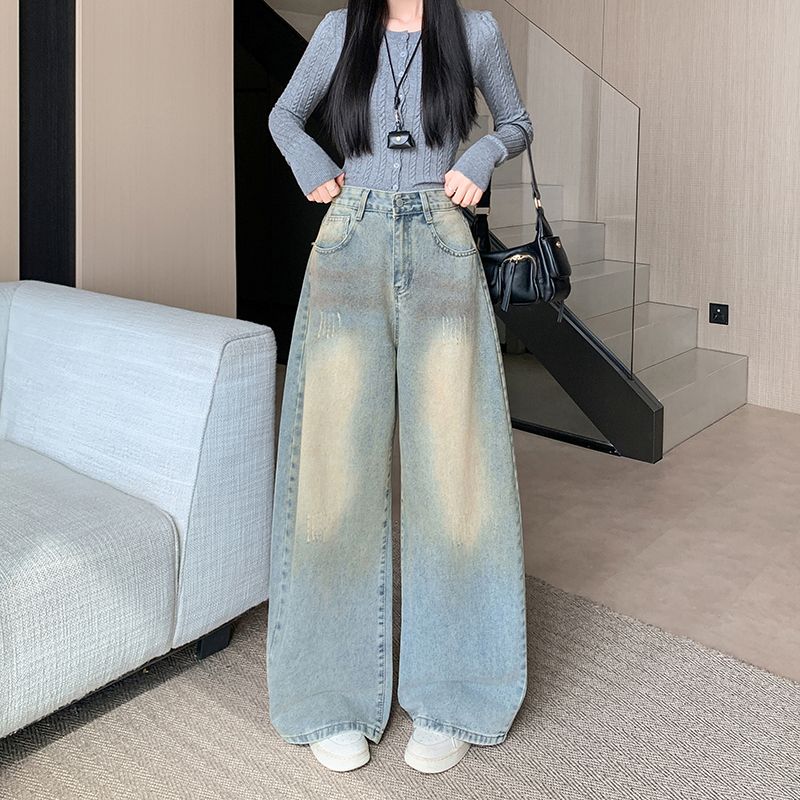 實拍 2026春季新款貓爪紋闊腿牛仔褲女復古做舊高腰寬松牛仔褲子