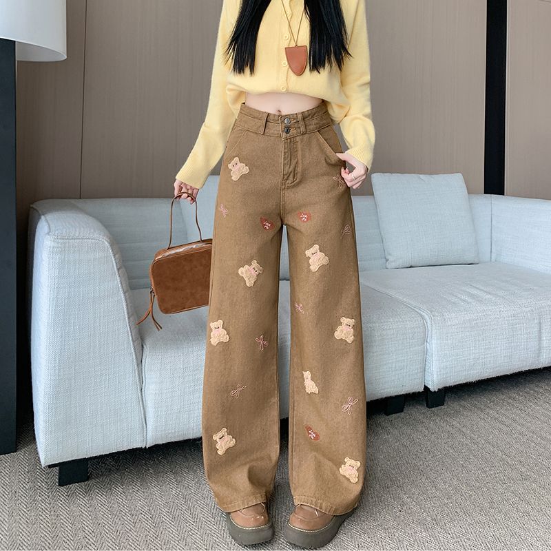 實拍 春季新款小熊刺繡牛仔褲女美式復古長褲寬松闊腿牛仔褲子