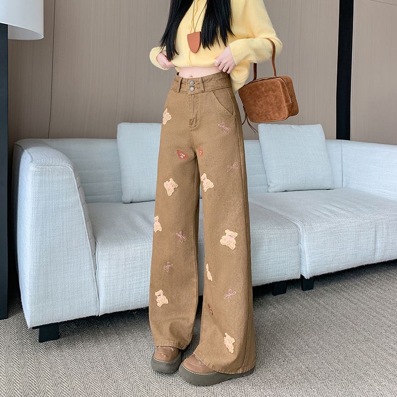 實拍 春季新款小熊刺繡牛仔褲女美式復古長褲寬松闊腿牛仔褲子