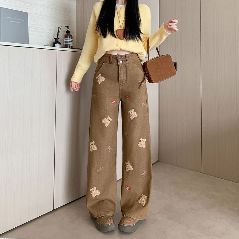 實拍 春季新款小熊刺繡牛仔褲女美式復古長褲寬松闊腿牛仔褲子