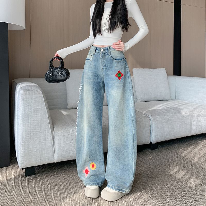 實拍 春季新款美式復古刺繡釘珠彎刀牛仔褲設計感寬松顯瘦闊腿褲