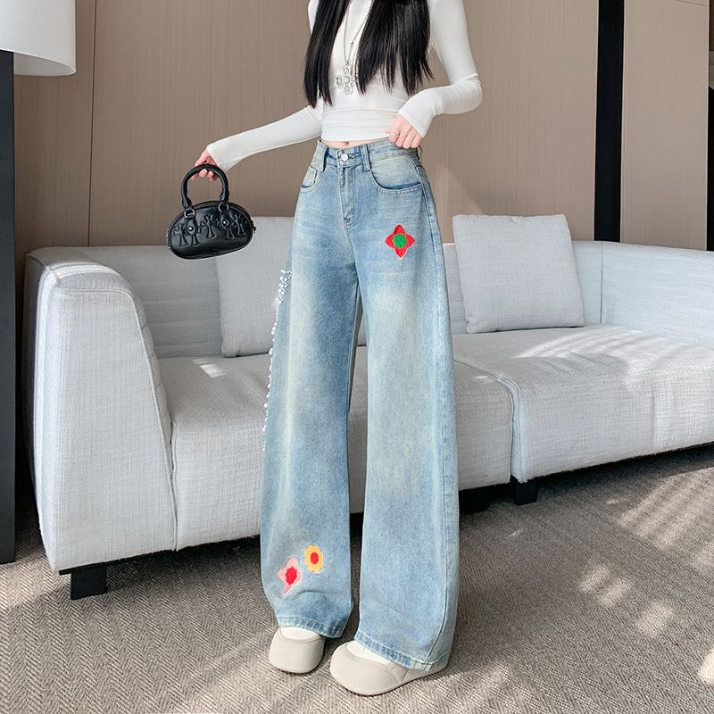 實拍 春季新款美式復古刺繡釘珠彎刀牛仔褲設計感寬松顯瘦闊腿褲