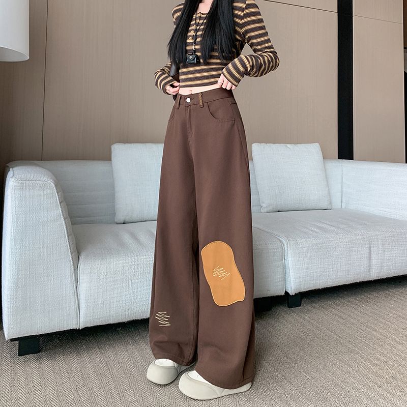 實拍 春季新款拼接彎刀褲女貼布刺繡闊腿褲高腰寬松慵懶風牛仔褲