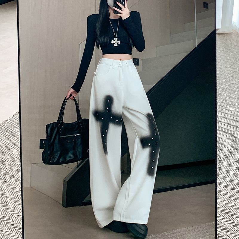 實拍 春季新款美式復古十字架潑墨噴漆牛仔褲子女辣妹拖地彎刀褲