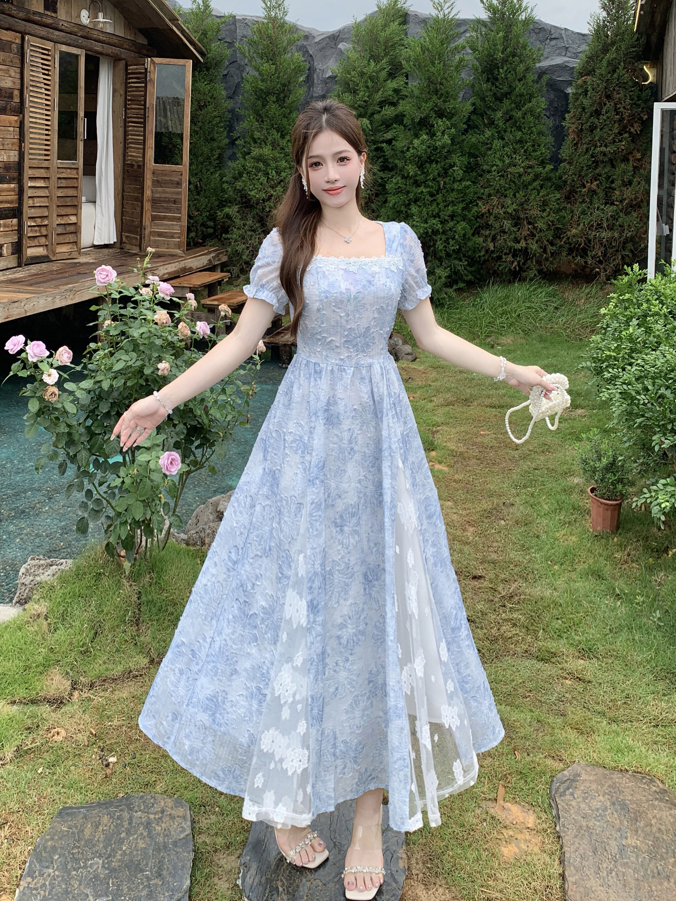 MY9371# 胖妹妹大码女装夏季新款法式收腰显瘦立体印花A字摆连衣裙女裝貨源服裝批發
