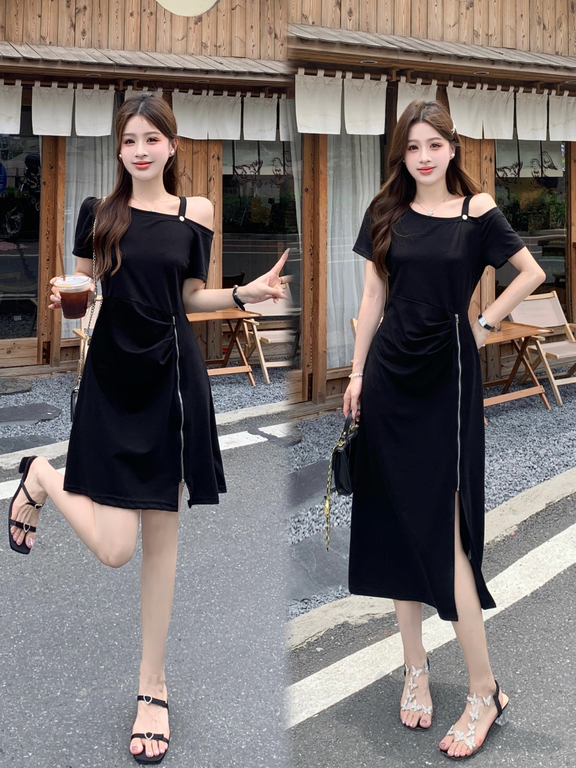 MY9372# 胖妹妹大码女装夏季新款设计感露肩短袖藏肉显瘦气质连衣裙女裝貨源服裝批發