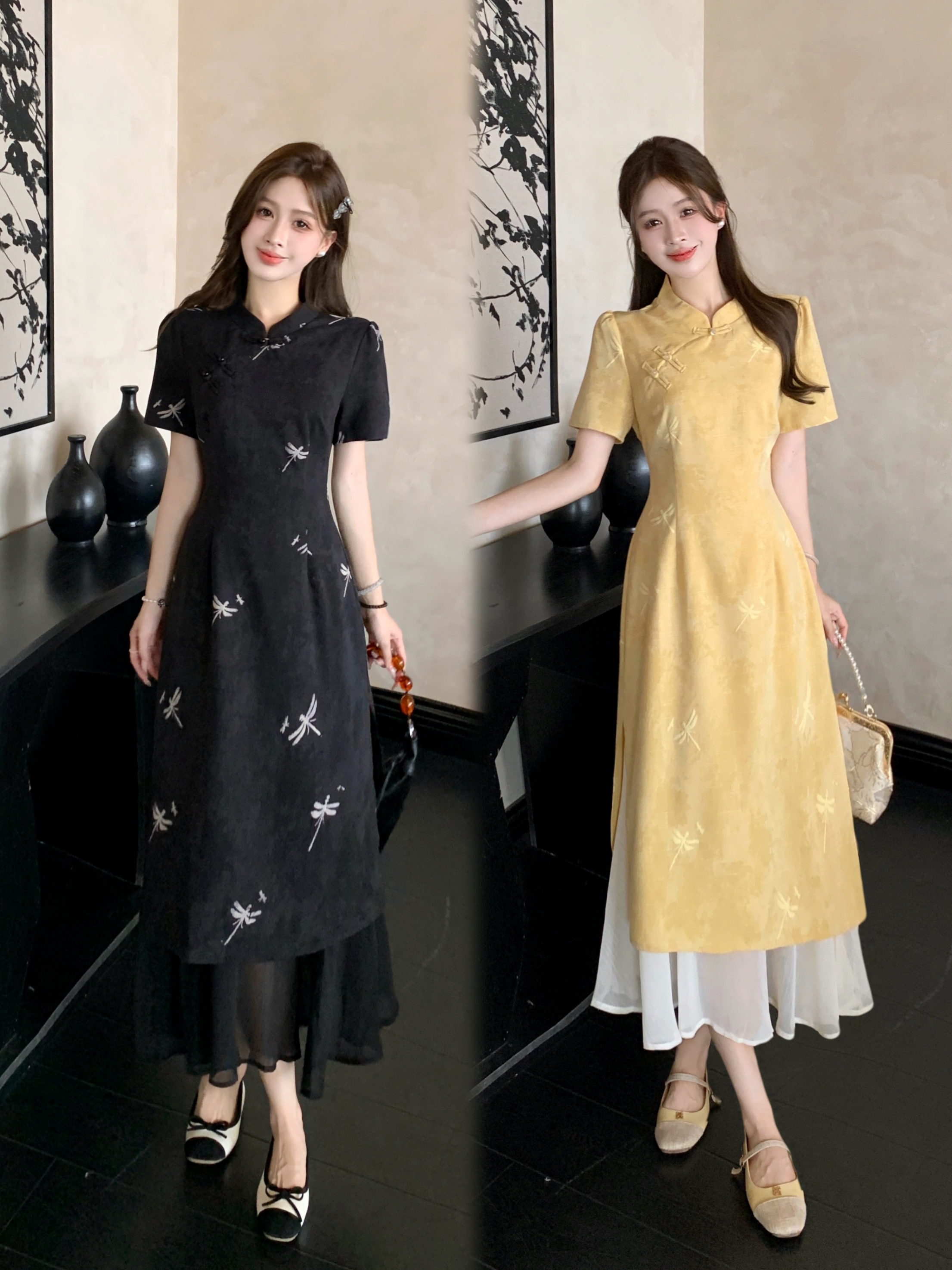 MY9656# 大码女装夏季新款显瘦遮肉新中式国风改良旗袍假两件连衣裙女裝貨源服裝批發