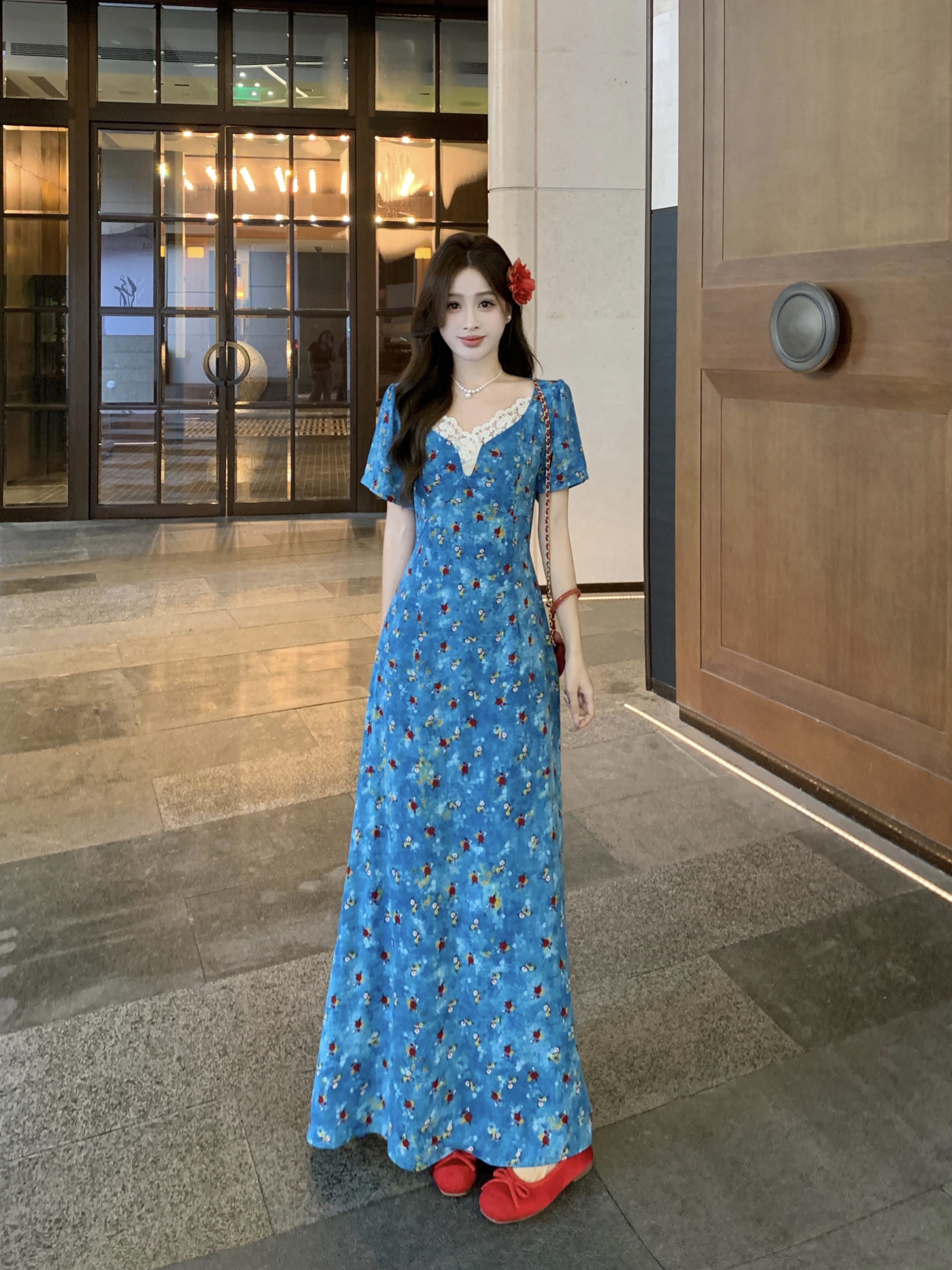 MY9370# 胖妹妹大码女装夏新款法式V领碎花高腰显瘦度假风短袖连衣裙女裝貨源服裝批發