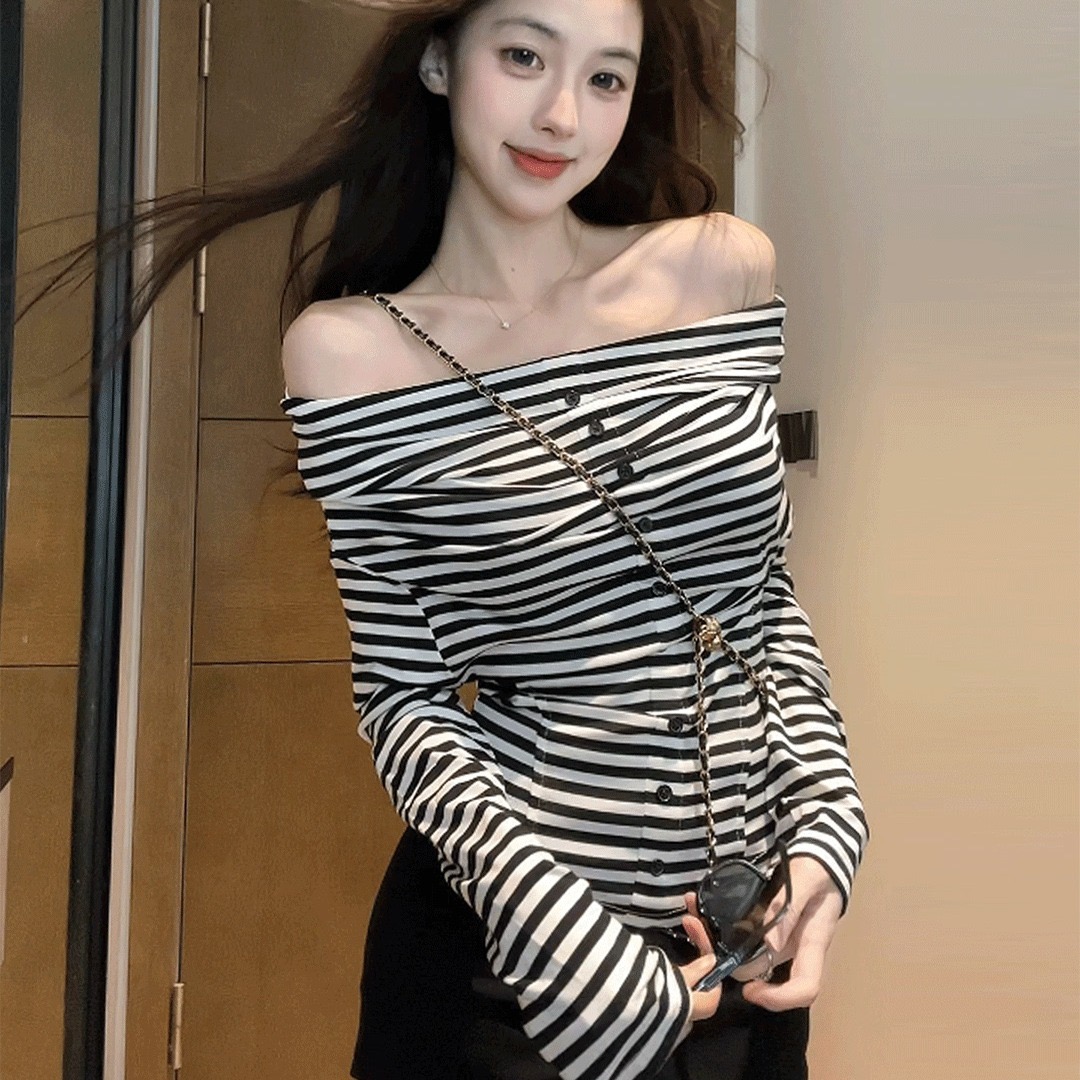 MY13169# 天丝法式黑白条纹长袖打底衫女秋季收腰显瘦一字肩上衣女裝貨源服裝批發