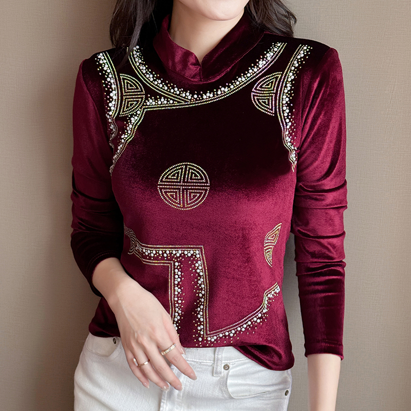 MY17630# 新款轻奢高级感重工烫钻金丝绒原创设计感上衣女长袖女裝貨源服裝批發