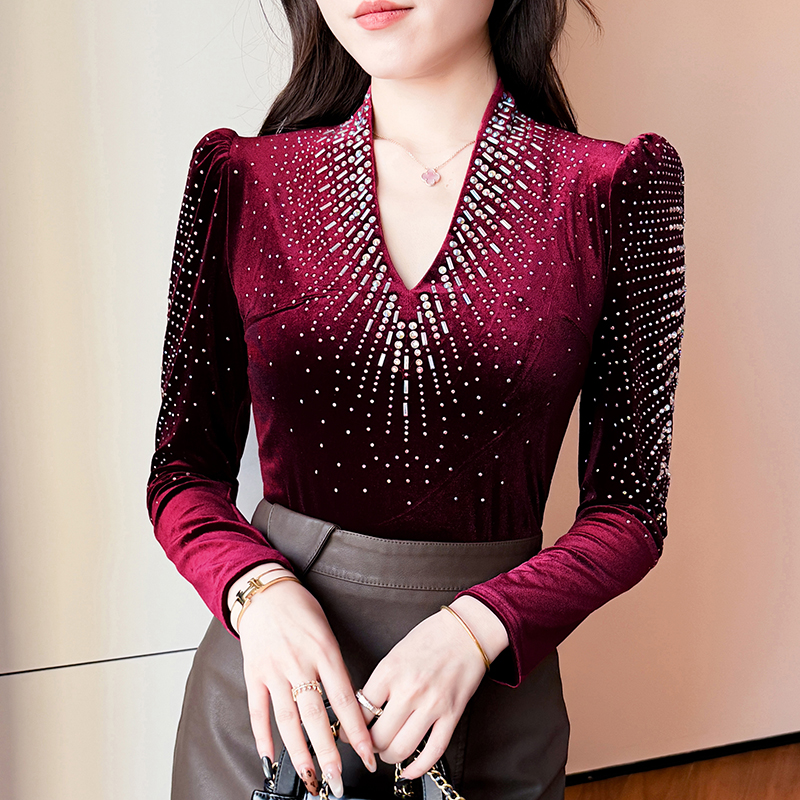 MY17633# 新款欧货质感金丝绒钻闪亮弹力打底衫长袖百搭时尚V领女女裝貨源服裝批發
