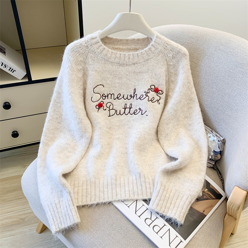 MY15854# 设计感字母刺绣圆领套头毛衣女新款宽松减龄羊毛针织衫上衣厚女裝貨源服裝批發