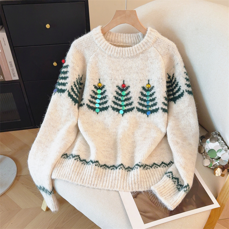 MY15852# 设计感圣诞毛衣女新款重工铃铛亮片复古小个子针织衫女裝貨源服裝批發
