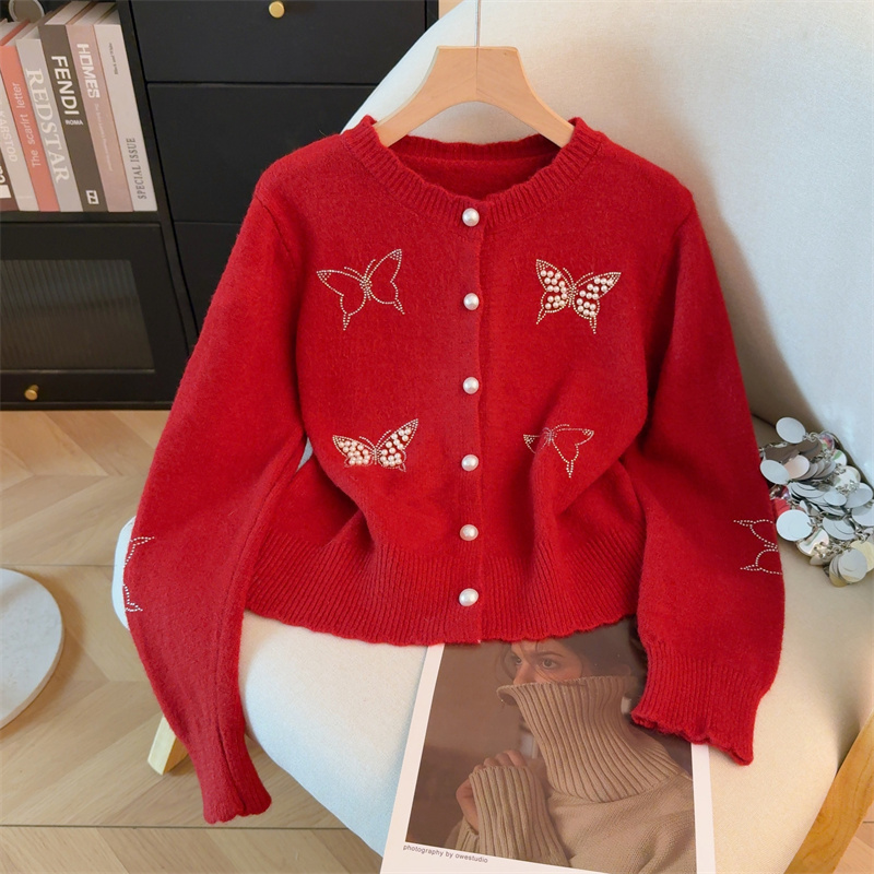 MY15851# 法式气质小香风蝴蝶红色毛衣宽松慵懒风新年氛围感针织开衫女裝貨源服裝批發