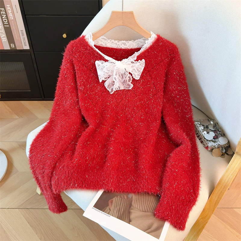 MY15856# 大码高级感红色本命年V领套头毛衣胖mm宽松慵懒针织衫上衣女裝貨源服裝批發