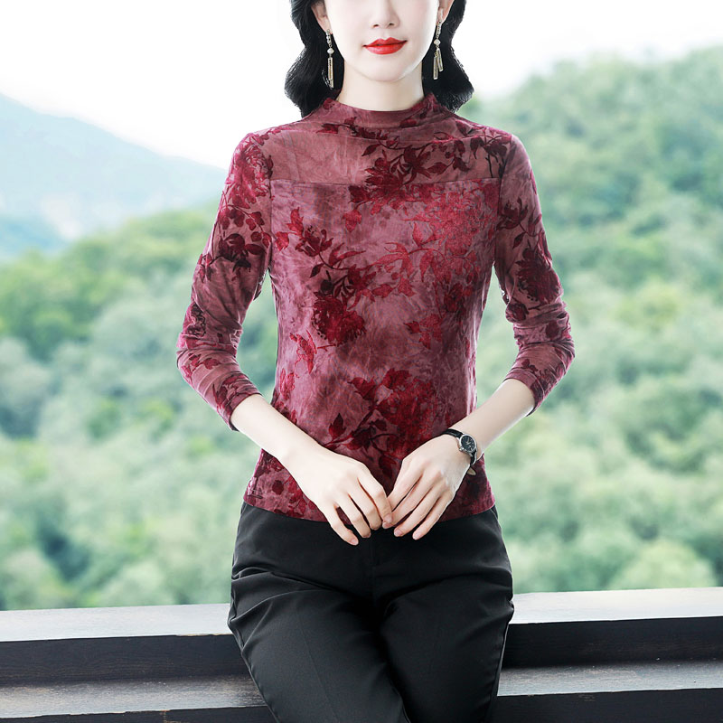 MY13496# 半高领打底衫女士长袖t恤新款内搭洋气妈妈植绒网纱上衣女裝貨源服裝批發