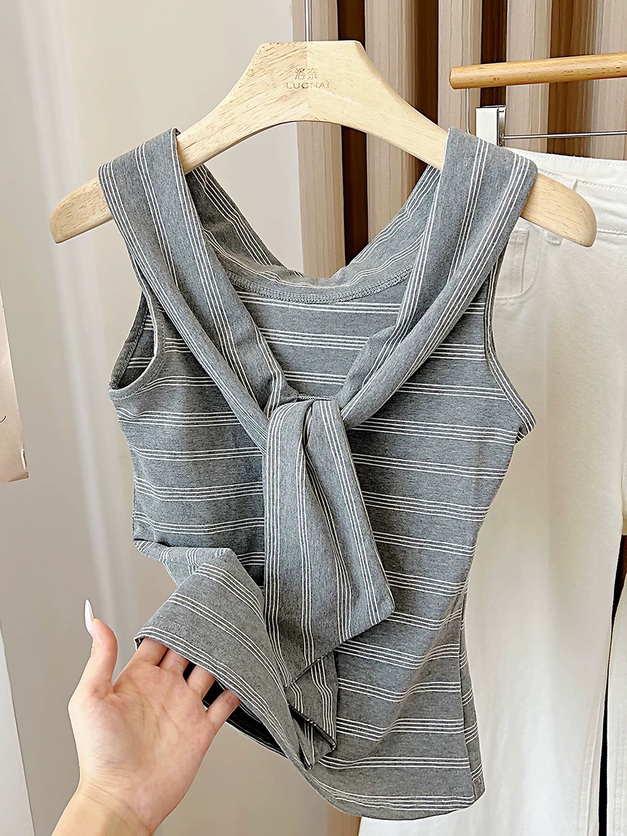 MY17022# 灰条纹背心假两件披肩无袖t恤6新款夏季修身显瘦短款上衣女...