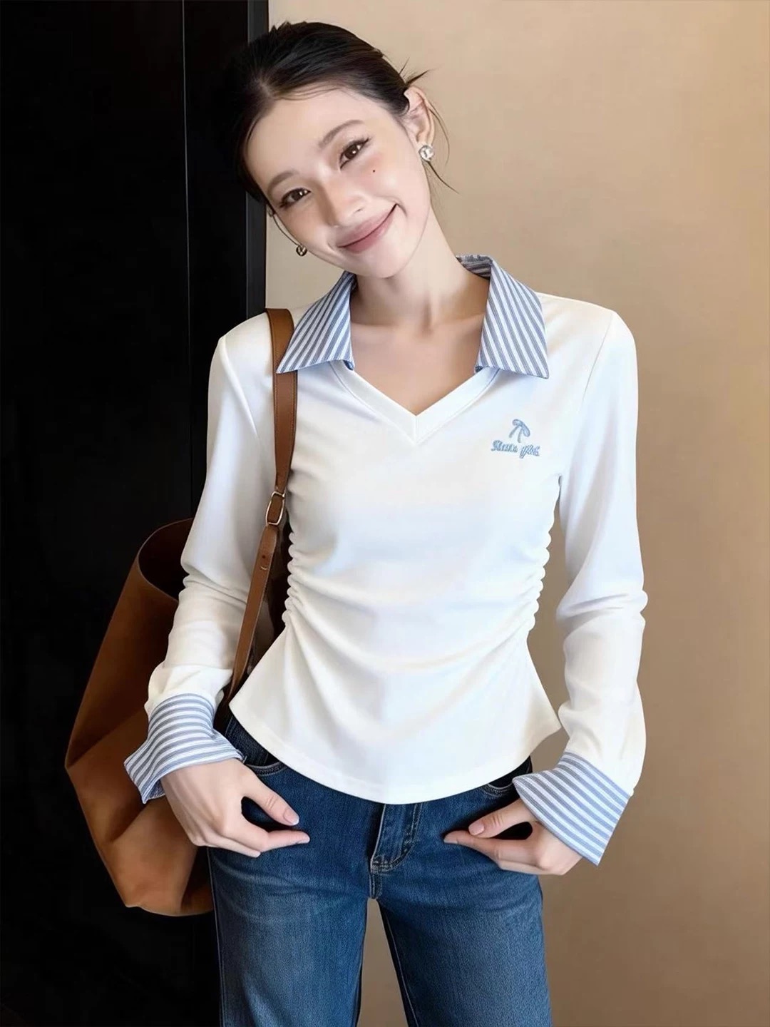 MY16840# 韩系条纹拼接长袖T恤新款修身显瘦V领白色收腰短款上衣女裝貨源服裝批發